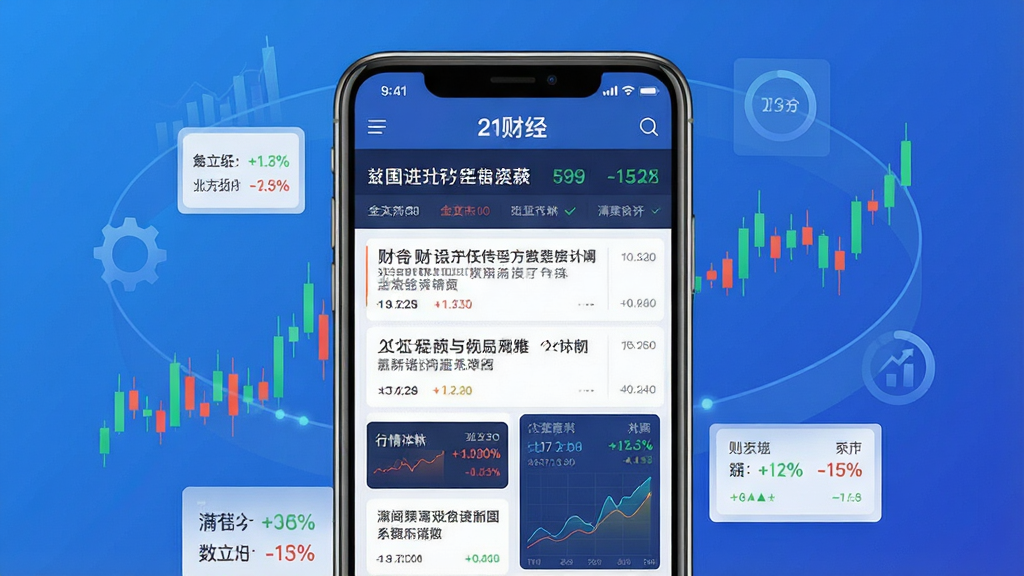 一张展示财经资讯类手机应用界面的图片,画面中央是一部智能手机,屏幕上显示着“21财经”应用的主页,包含滚动新闻标题、股市行情数字和图表曲线,背景是简洁的蓝色渐变,布局为手机居中、周围环绕抽象的财经数据元素,风格为现代科技感扁平化设计,细节包括K线图、百分比数字和新闻卡片,画质清晰,干净,无多余元素