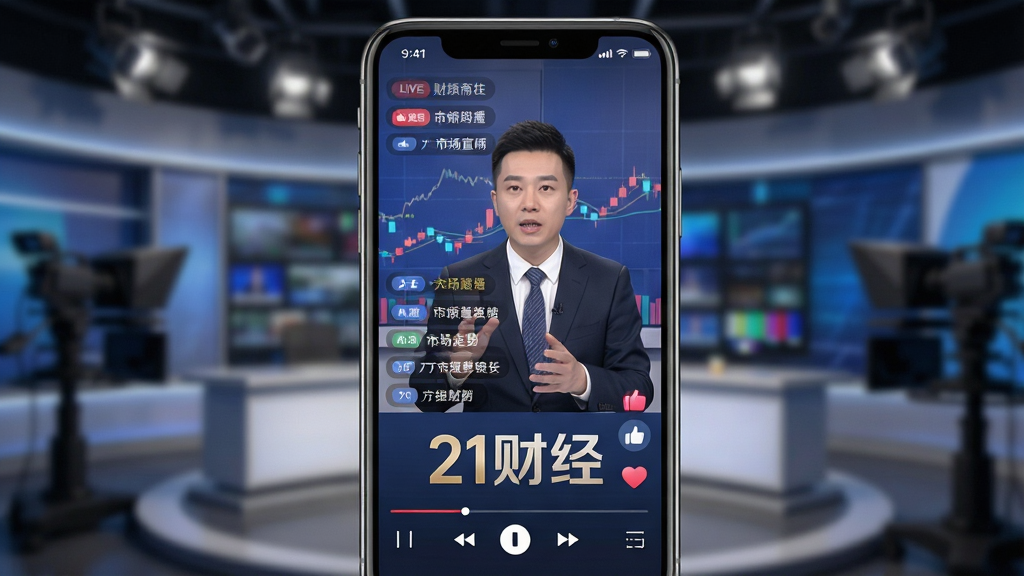 一幅展示“21财经”视频直播功能的图片,画面主体是手机屏幕显示直播界面,屏幕上有一位财经评论员正在讲解市场走势,画面下方有“21财经”字样,布局为手机居中、背景是演播室虚化场景,风格为现代媒体风格,细节包括直播弹幕、点赞图标和播放控制条,画质清晰,干净,无多余元素