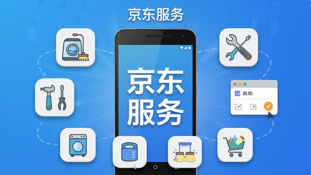 画面主体是一部安卓手机,手机屏幕正中央显示“京东服务”四个大字,手机周围环绕着家电清洗、维修工具、家政保洁、订单卡片等图标元素。布局采用中心对称排版,上方是软件名称,下方是功能图标环绕。风格为扁平化科技感UI插画,细节包括蓝色渐变背景、简洁的线条图标、柔和的阴影。画质高清,画面干净,无多余元素。