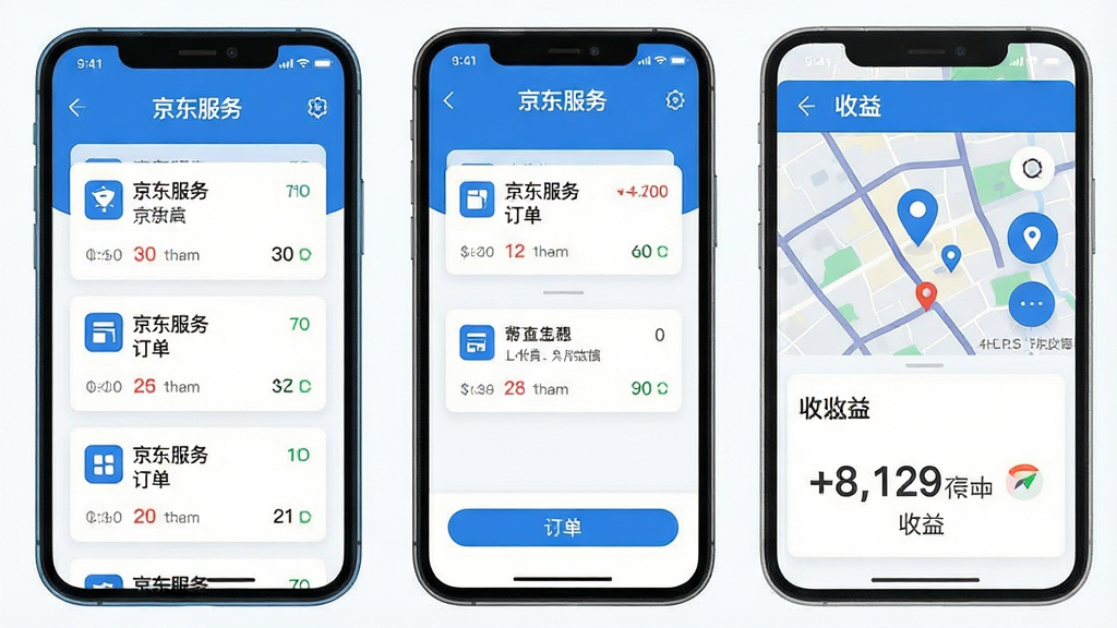 画面主体是一部智能手机,屏幕中显示“京东服务”接单界面,画面中有订单卡片、地图定位、收益数字等元素。布局采用左右分栏,左侧是订单列表,右侧是地图和收益面板。风格为现代商务扁平插画,细节包括蓝色主色调、简洁的图标、清晰的数据展示。画质高清,画面干净,无多余元素。