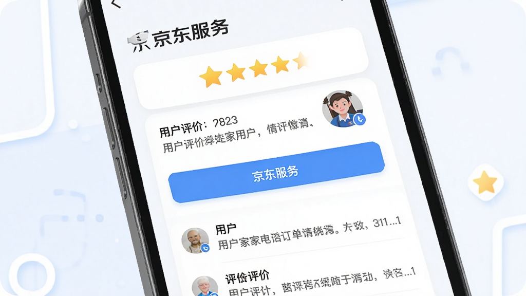 画面主体是一部手机,屏幕中显示“京东服务”家电清洗订单评价页面,画面中有五星评分、用户评价文字、师傅头像等元素。布局采用上下结构,上方是评分汇总,下方是评价列表。风格为清新简约的移动端UI插画,细节包括白色卡片、蓝色按钮、黄色星星。画质高清,画面干净,无多余元素。