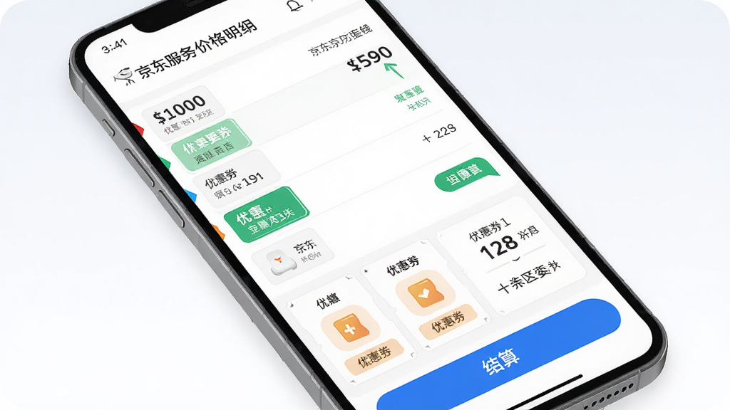 画面主体是一部手机,屏幕中展示“京东服务”价格明细页面,画面中有价格标签、优惠券、结算按钮等元素。布局采用上下结构,上方是价格明细列表,下方是优惠券和结算区域。风格为清新简约的UI插画,细节包括白色背景、蓝色按钮、绿色优惠标签。画质高清,画面干净,无多余元素。