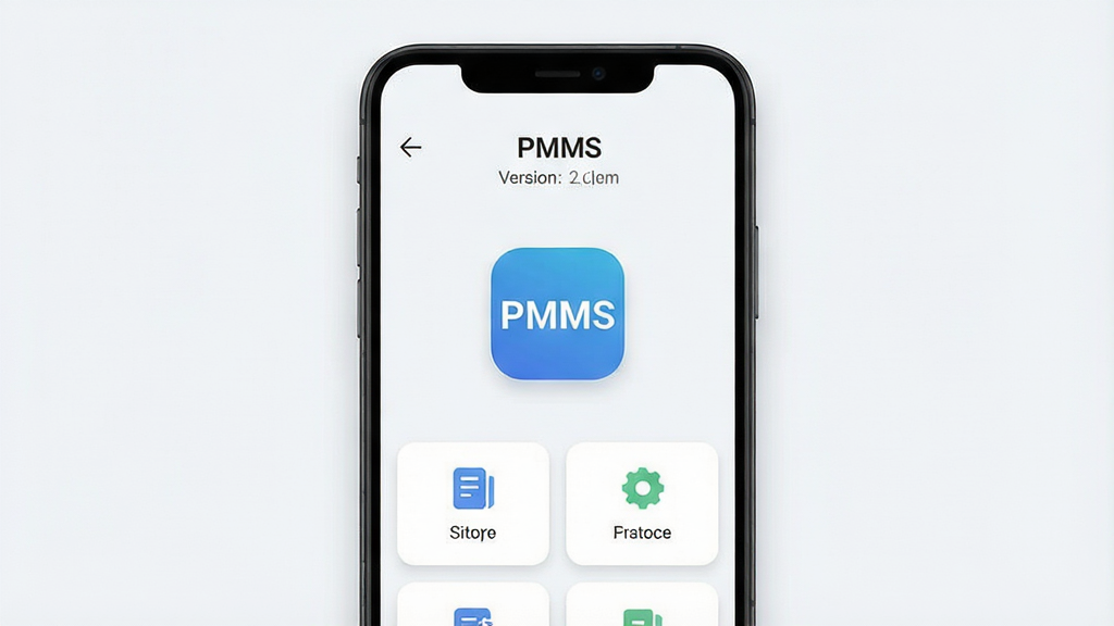 一张展示PMMS软件移动端主界面的预览图,主体为一部竖屏安卓手机,屏幕中央清晰显示