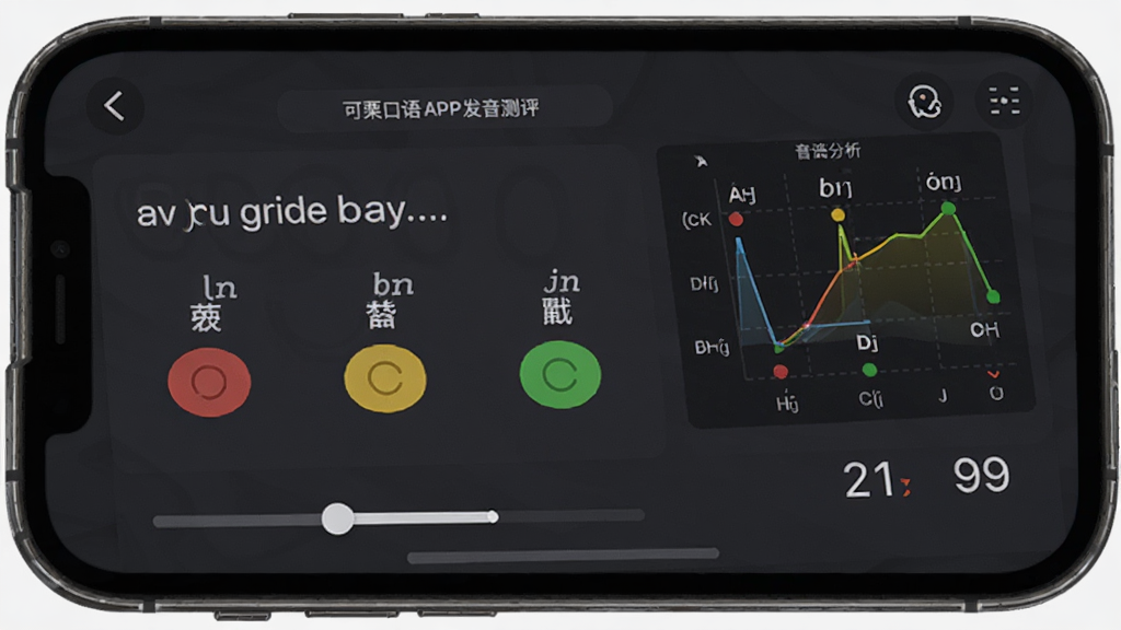 可栗口语APP发音测评界面,手机屏幕上显示一段英文句子,每个单词下方有红黄绿三色发音评分标记,旁边有音素分析图表,布局为手机特写,风格为简洁教育类UI,细节包括音标符号、进度条、评分数字,画质高清干净无多余元素