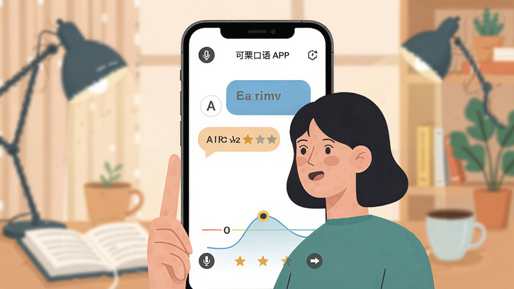手机屏幕中展示可栗口语APP界面,一位年轻用户正在对着手机练习英语口语,屏幕上有对话气泡和发音评分曲线,背景是温馨的书房环境,布局为居中手机特写加周围学习元素点缀,风格为现代扁平化插画,细节包括麦克风图标、A字母标识、评分星星,画质高清干净无多余元素