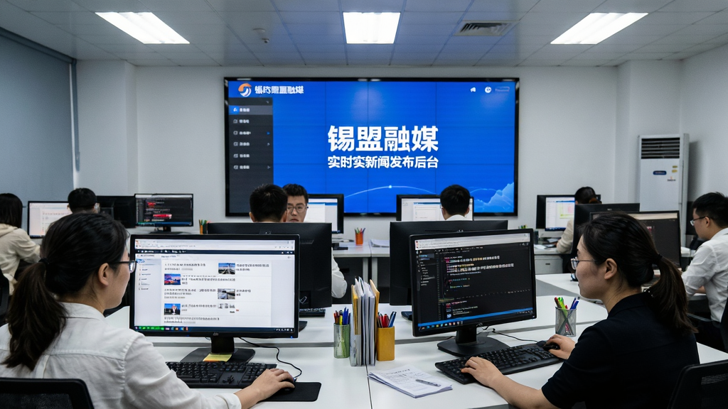 一张展现新闻编辑室场景的图片,主体为多位编辑记者在电脑前紧张工作的画面,布局为中央大屏显示“锡盟融媒”实时新闻发布后台,排版呈现现代化新闻中心的忙碌氛围,风格为纪实摄影风格,细节包含屏幕上的新闻标题、编辑专注的表情、明亮的灯光,画质为高清、干净、无多余元素