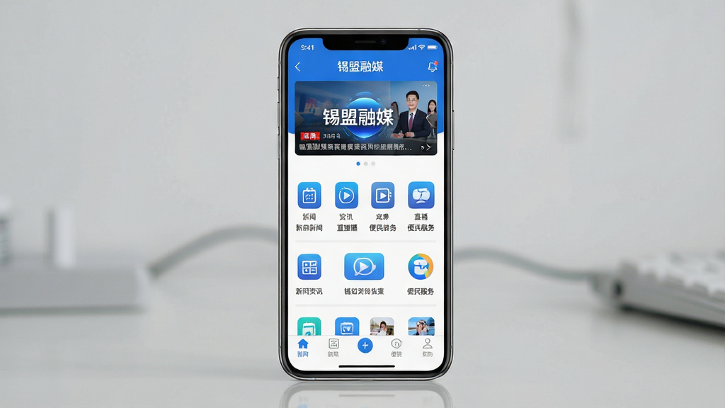 一张展示锡盟融媒App界面全貌的图片,主体为一部智能手机,屏幕显示锡盟融媒客户端首页,布局包含顶部新闻轮播图、中部功能图标入口、底部导航栏,排版清晰展示新闻资讯、直播、便民服务等板块,风格为现代简洁的科技风,细节包含蓝色主色调、清晰的文字标题“锡盟融媒”、图标边缘锐利,画质为高清4K、干净、无多余元素