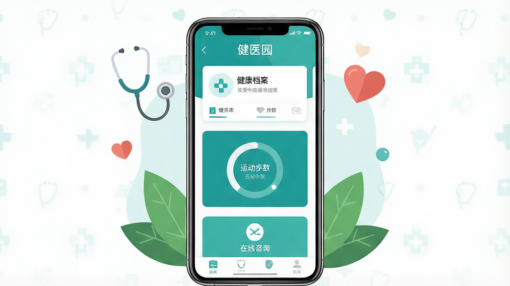 一张竖版手机应用界面展示图,画面中央是一部现代智能手机,手机屏幕上显示