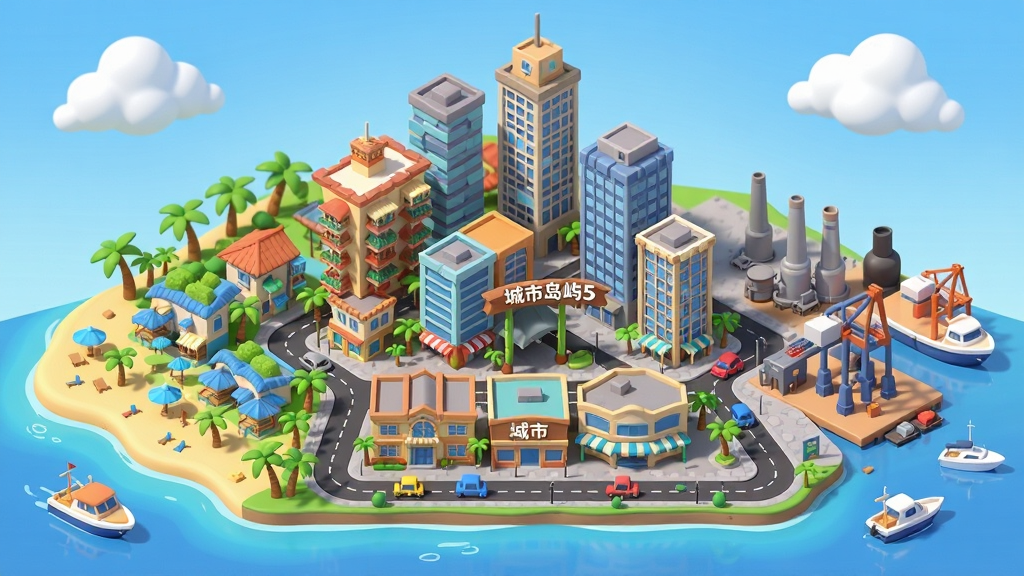 一座充满生机的热带岛屿城市全景,画面中央是「城市岛屿5」的标志性建筑群,主体为多层住宅楼与商业摩天大楼交错排列,布局上左侧为海滩度假区、中间为城市中心商务区、右侧为工业港口区,排版采用俯视45度等距视角,风格为明亮卡通3D渲染,细节包括棕榈树、游艇、公路上行驶的小汽车、天空中飘浮的白云,画质高清,画面干净,无多余元素