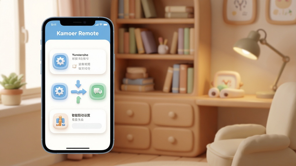一张以 Kamoer Remote 智能联动设置界面为主题的图片,画面中手机屏幕显示着场景规则配置页面,有齿轮图标和流程箭头,背景是书房环境,风格柔和圆角,细节清晰,画质干净,无多余元素