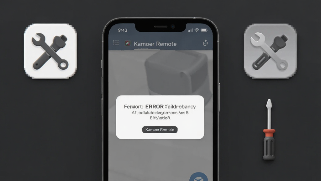 一张展示 Kamoer Remote 应用在手机上运行故障排查场景的图片,画面中手机屏幕显示错误提示弹窗,旁边有扳手和螺丝刀等工具图标,背景为深灰色,风格浅灰质感,细节清晰,画质干净,无多余元素