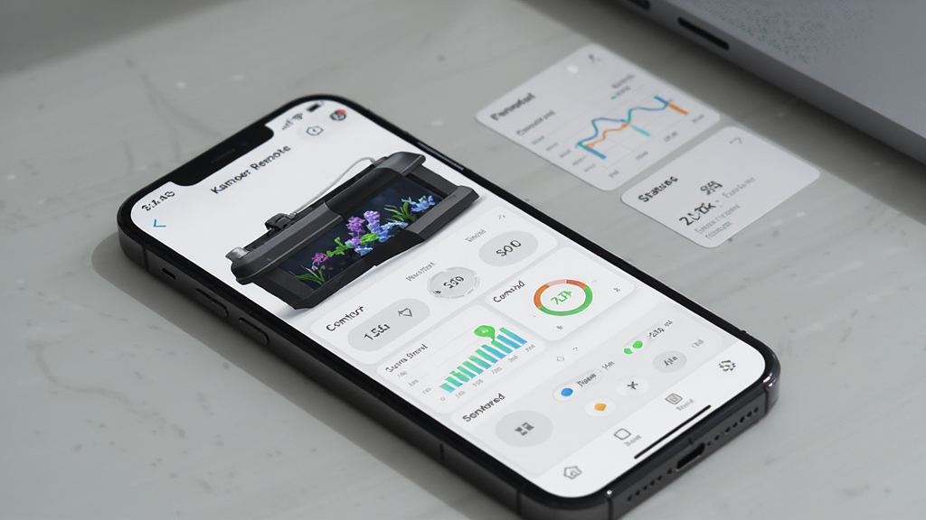 一张以 Kamoer Remote 软件界面为核心元素的图片,画面中一部手机放置在桌面上,屏幕内显示着远程控制水族设备的操作面板,旁边有简洁的数据图表和状态指示灯,背景为浅灰色,风格简约商务,细节锐利,画质干净,无多余元素