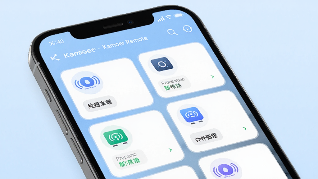一张展示 Kamoer Remote 多设备管理界面的图片,画面中央是一部智能手机,屏幕上排列着多个设备分组卡片,每个卡片上有设备图标和状态标签,背景为淡蓝色渐变,风格清新浅色,细节丰富,画质高清,无多余元素