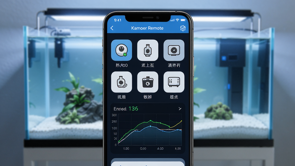 一张展示智能手机屏幕的图片,屏幕上显示着 Kamoer Remote 应用的主控制界面,界面中有多个水族设备图标和实时数据曲线,背景是干净整洁的现代水族箱场景,整体色调以蓝色和白色为主,风格科技感强,细节清晰,画质高清,无多余元素