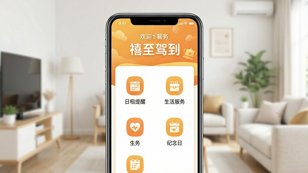 一张展示智能手机屏幕的图片,屏幕中央显示“禧至驾到”应用主界面,界面采用温馨的橙黄色调,顶部有欢迎语,中间排列着日程提醒、生活服务、纪念日等多个功能图标,背景是干净的家居环境虚化处理,整体风格清新简洁,画质清晰,干净无多余元素