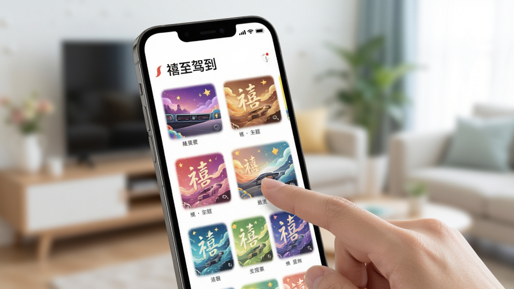 手机屏幕显示“禧至驾到”主题设置界面,屏幕上有多种颜色主题缩略图排列,用户手指正在点击其中一个主题,背景是模糊的室内环境,风格清新明快,画质清晰,干净无多余元素