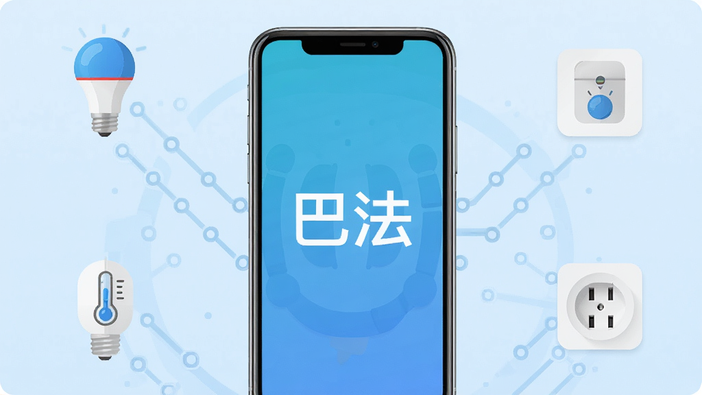 手机屏幕中央显示“巴法”应用界面,画面主体是一部竖屏智能手机,布局采用居中构图,排版清晰简洁,风格为现代科技感扁平化设计,细节包含智能灯泡、温湿度传感器、智能插座等设备图标环绕手机周围,背景为浅蓝色渐变,画质高清,干净,无多余元素