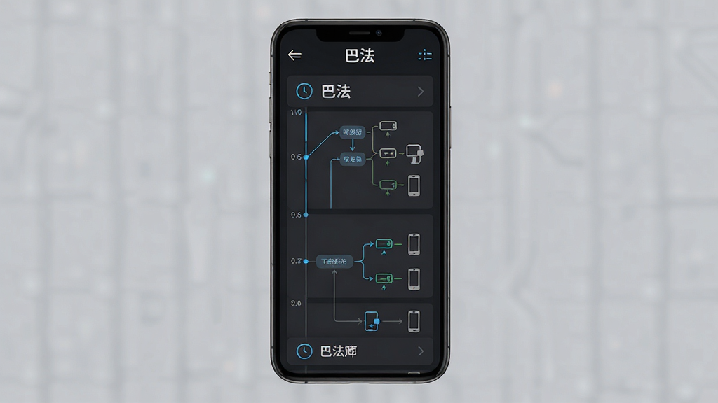 一张展示“巴法”场景联动设置界面的图片,主体为手机屏幕内的时间轴与条件触发流程图,布局采用纵向列表排版,风格为科技感深色主题,细节包括时钟图标、条件分支连线与设备小图标,背景为深灰色,画质清晰,干净,无多余元素