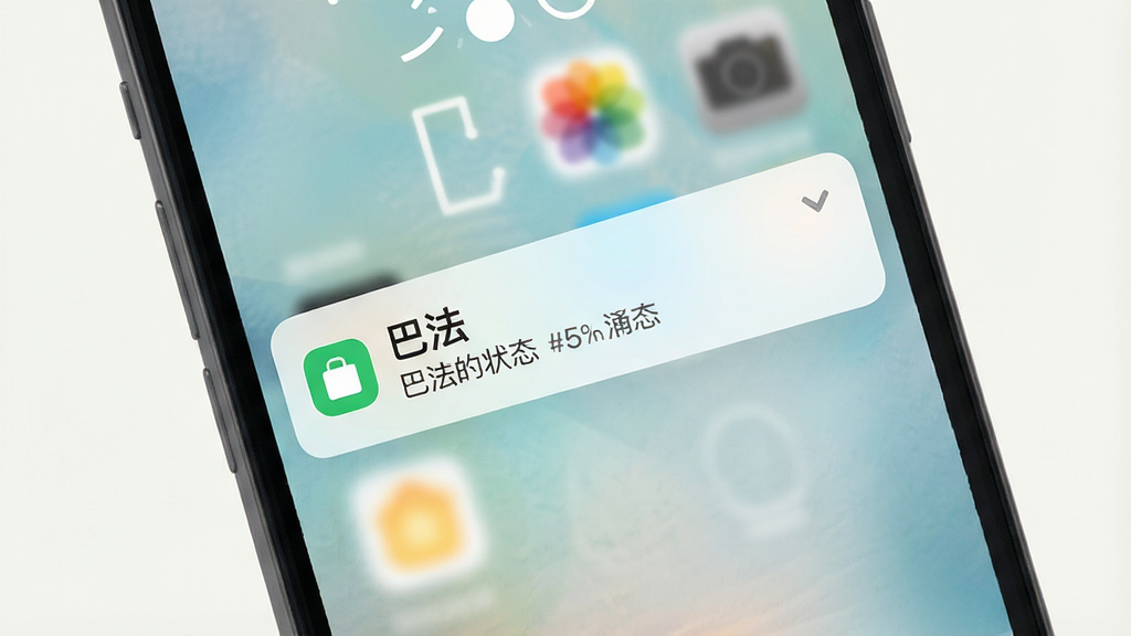 一幅表现“巴法”消息通知功能的图片,主体为手机锁屏界面弹出通知卡片,布局采用顶部横幅排版,风格为简洁明快的扁平化设计,细节包括通知图标、设备名称与状态文字,背景为浅色壁纸,画质高清,干净,无多余元素