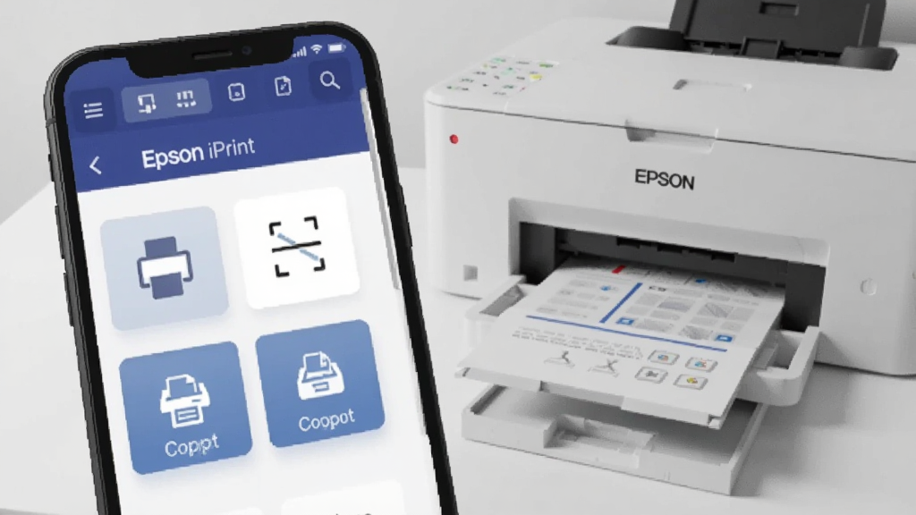 一张展示Epson iPrint软件界面的手机样机图,手机屏幕显示软件主功能页面,包含打印、扫描、复印等图标按钮,背景为简洁的浅灰色桌面,旁边放置一台爱普生喷墨打印机,整体风格清新明亮,细节清晰,画质干净,无多余元素