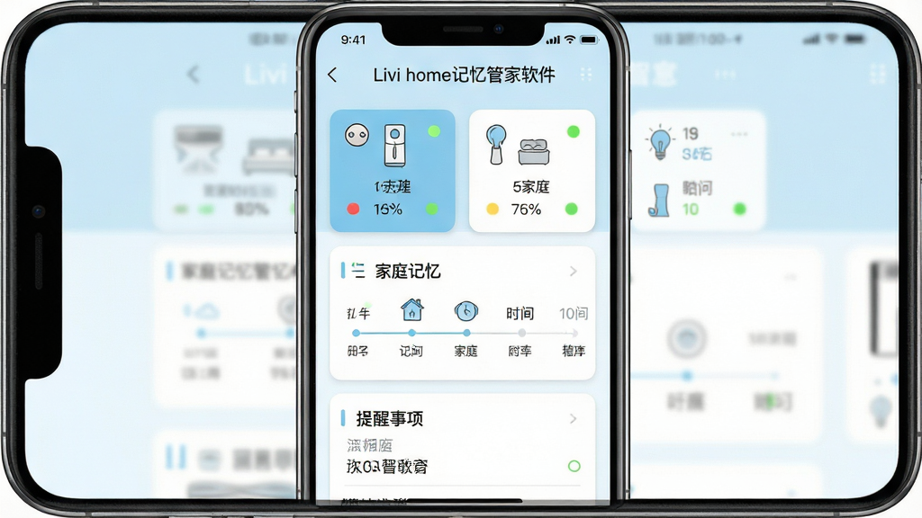 一张展示Livi home记忆管家软件主界面的手机屏幕截图,画面中央是一个干净整洁的智能家居管理面板,顶部显示软件名称Livi home记忆管家,下方排列着家电状态卡片、家庭记忆时间轴和提醒事项列表,整体配色以浅蓝和白色为主,风格清新简约,布局采用卡片式设计,细节上包含图标、文字标签和状态指示灯,画质清晰,干净无多余元素