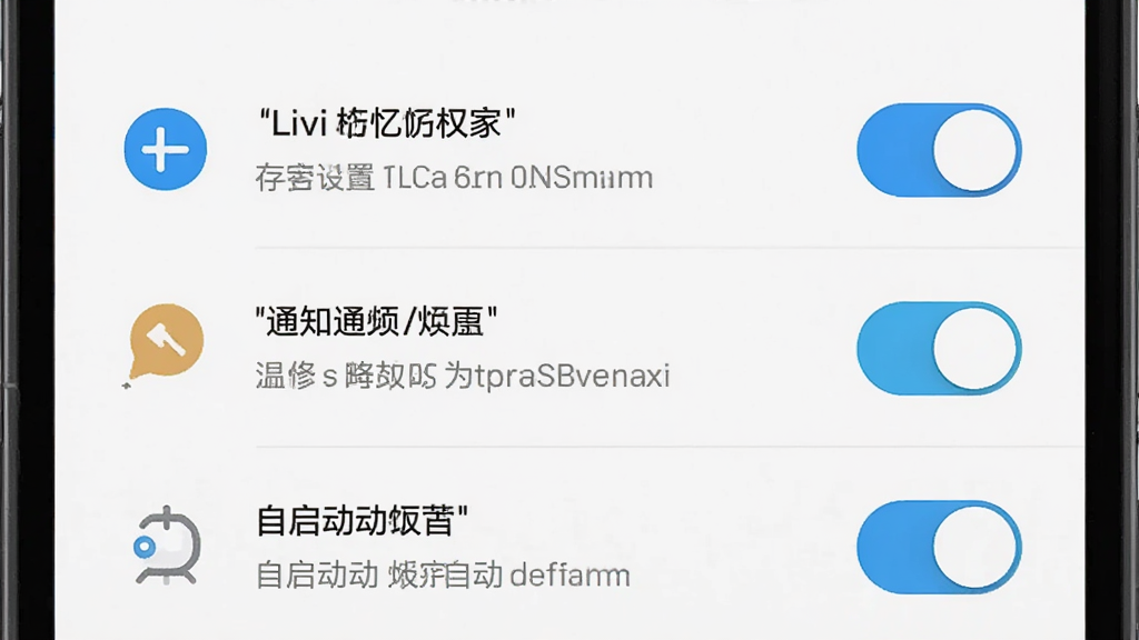 一张Livi home记忆管家的安装设置引导界面截图,画面展示手机屏幕上的权限设置页面,包含存储权限、通知权限和自启动权限的开关按钮,背景为白色,风格简洁实用,布局采用列表式排列,细节上包含权限图标和说明文字,画质清晰,干净无多余元素