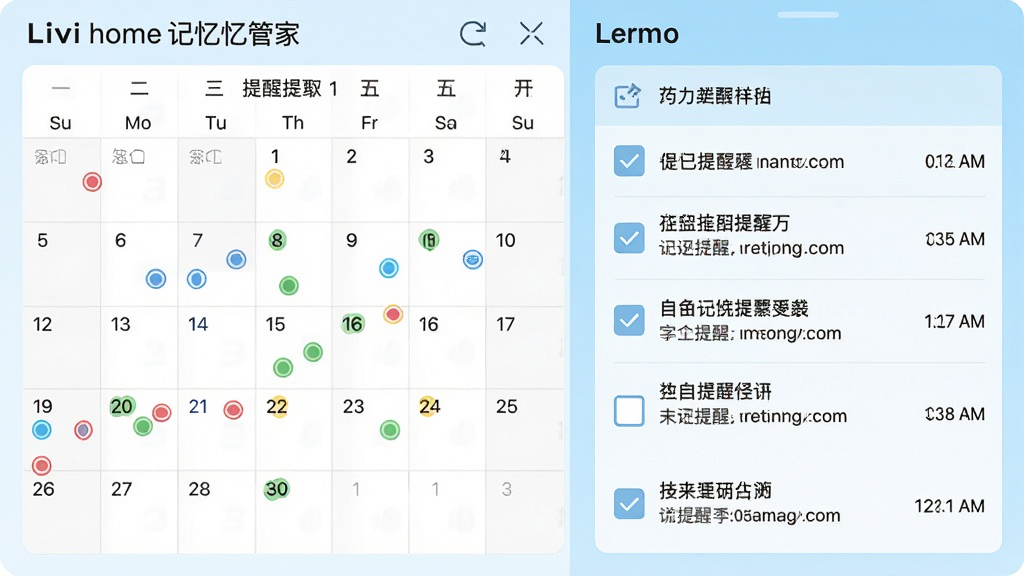 一张Livi home记忆管家的提醒设置界面截图,画面展示一个日历视图和多个待办事项列表,日历上标记了不同颜色的提醒圆点,列表项包含勾选框和提醒时间,背景为浅蓝色渐变,风格清新明快,布局采用上下分栏设计,细节上包含日历数字和事项文字,画质清晰,干净无多余元素