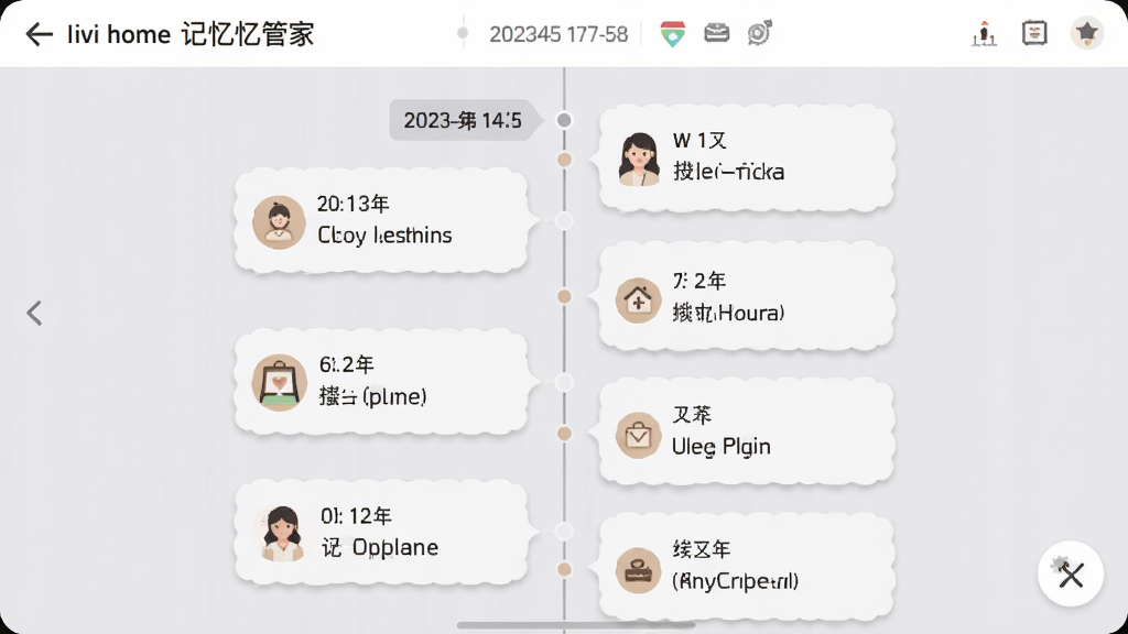 一张Livi home记忆管家的功能界面截图,画面展示一个家庭记忆时间轴,时间轴上排列着多条记录卡片,每条卡片包含图标和简短文字说明,背景为柔和的浅灰色,整体风格温暖居家,布局采用纵向时间线设计,细节上包含日期标签和分类图标,画质清晰,干净无多余元素