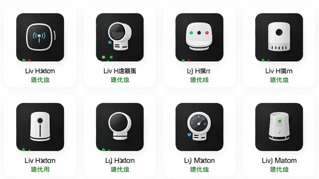 一张Livi home记忆管家的设备管理界面截图,画面展示多个智能设备图标以网格形式排列,每个图标下方显示设备名称和在线状态,背景为纯净的白色,风格简洁科技感,布局采用整齐的网格排版,细节上包含设备类型图标和连接状态标识,画质清晰,干净无多余元素