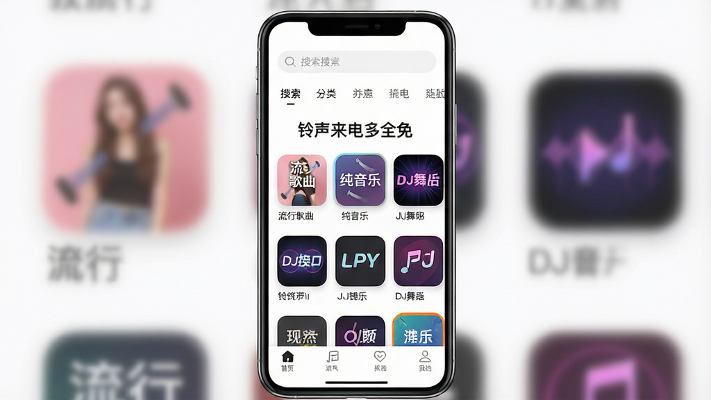 һ���ֻ���Ļչʾ���棬���������ǡ����������ȫ�⡱������ҳ�棬�Ϸ���������ͷ����ǩ���м������Ŷ������ר�����棬�������и����������֡�DJ�����ȣ��ײ������������ɼ������岼�ָɾ����࣬���Ϊ�ִ���Լ���ƶ�Ӧ��UI��ƣ�ϸ�ڰ���Բ��ͼ�ꡢ�����Ӱ�����廭�ʣ�����ɾ��޶���Ԫ��