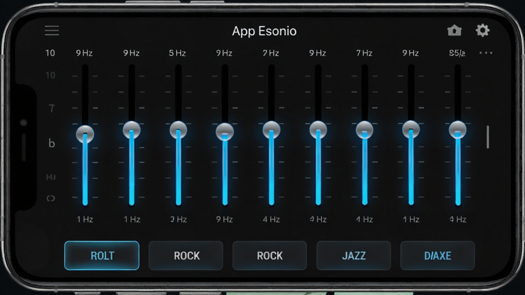 һ��Essonio����App���������ڽ����ʾ��ͼ���ֻ���Ļ����ʾ��10��Ƶ�λ��飬ÿ�������Ա�ע��Hz��ֵ������ײ������С�ҡ������ʿ��Ԥ�谴ť��������Ƽ���ʮ�㣬����Ϊ��ɫ�����������ɫ����Ч��������ϸ�壬�޶���Ԫ�ء�