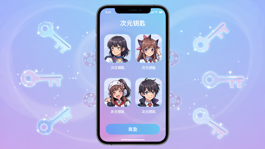 画面中央是一部智能手机,屏幕上显示着“次元钥匙”应用界面,界面中有多个动漫风格的角色头像排列,背景是柔和的蓝紫色渐变,周围环绕着钥匙形状的光效,布局采用居中对称构图,风格为二次元科技感,细节包括角色表情生动、界面按钮清晰、光效细腻,画质为高清渲染,干净无多余元素