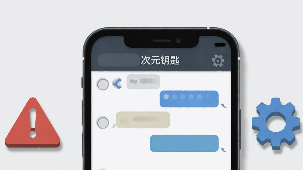 一部手机屏幕显示“次元钥匙”聊天界面,旁边有一个红色的警告图标和蓝色的齿轮图标,背景为浅灰色,布局为手机居中、图标分列两侧,风格为扁平化信息图,细节包括图标的立体阴影、屏幕上的对话气泡、齿轮的纹理,画质为高清,干净无多余装饰