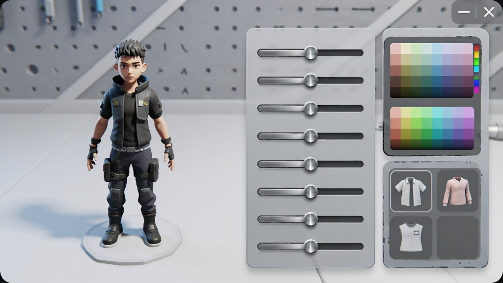 一个虚拟角色定制界面,屏幕上显示着角色的3D模型和多个调节滑块,旁边有颜色选择器和服装图标,背景为浅灰色工作台风格,布局为左侧模型展示、右侧控制面板,风格为科技感UI设计,细节包括滑块的金属质感、颜色面板的渐变效果、模型的光影渲染,画质为超清,干净无杂乱