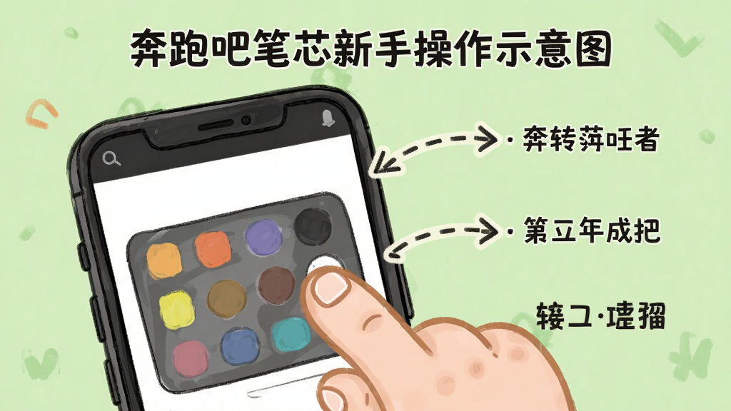 奔跑吧笔芯新手操作示意图,画面展示一部手机屏幕显示绘画界面,手指正在点击调色盘,旁边有箭头标注操作步骤,背景为浅绿色,布局为图文结合式,风格为教程插画风,细节包括手指的圆润造型和箭头的虚线效果,画质清晰,无多余元素