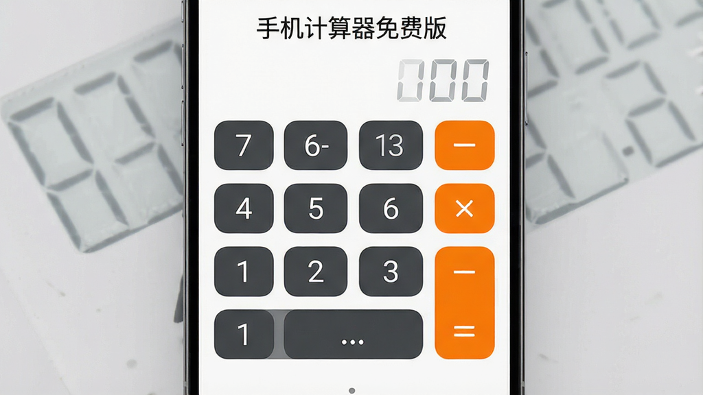 手机计算器免费版应用界面截图风格展示,画面中央是干净的计算器面板,白色背景上整齐排列着深灰色数字按键和橙色运算符号,界面顶部显示“手机计算器免费版”字样,整体布局对称工整,风格极简现代,细节锐利,画质干净,无多余元素