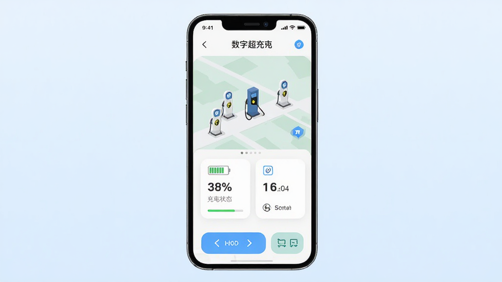 画面主体是一部智能手机,屏幕显示数智超充应用的主界面,界面中有充电桩地图、充电状态卡片和功能按钮,布局为手机居中展示,背景是简洁的浅蓝色渐变,风格为现代科技感扁平化设计,细节包括充电桩图标、电量百分比、导航箭头等元素,画质清晰,干净,无多余元素