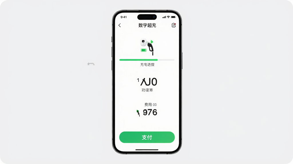 画面主体是手机屏幕显示数智超充的充电监控页面,页面中有充电进度条、功率数字、费用金额和支付按钮,布局为手机居中,背景为浅灰色,风格为简洁明快,细节包括充电枪图标、时间倒计时、绿色充电状态标识,画质清晰,干净,无多余元素