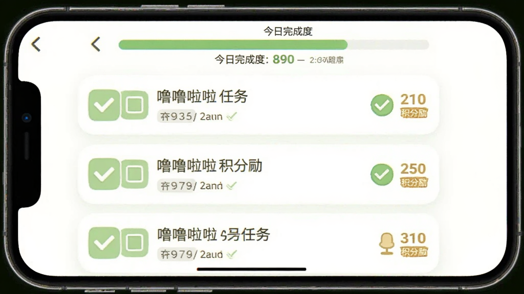 噜噜啦啦每日任务界面截图风格图,手机屏幕显示任务列表,每个任务旁边有勾选框和积分奖励标识,顶部有进度条显示今日完成度,界面配色以白色和浅绿色为主,简洁清爽,画质清晰,无多余元素。