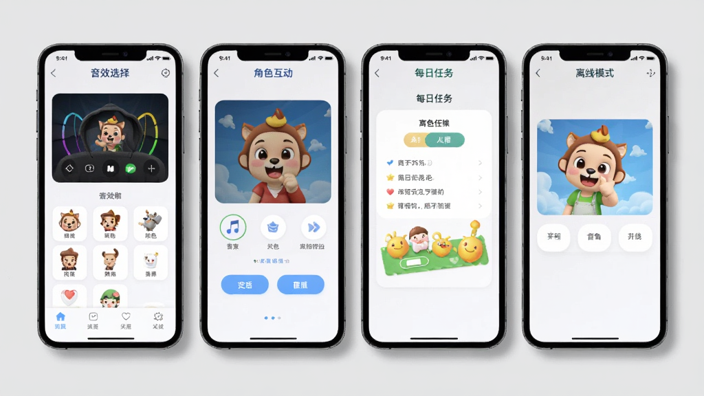 噜噜啦啦软件的功能展示合集图,画面由四个手机屏幕组成,分别展示音效选择、角色互动、每日任务和离线模式四个界面,每个屏幕之间有轻微的阴影分隔,整体背景是浅灰色,风格统一整洁,画质清晰,无多余元素。