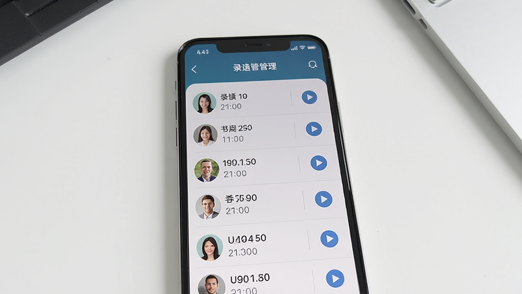 画面主体是电话录音助手App的录音文件管理列表界面,手机屏幕显示多条录音记录,带有联系人头像、时间标签和播放按钮,背景是干净的白色桌面,布局为竖屏手机特写,风格简约商务,细节包括列表分隔线和图标,画质高清,干净,无多余元素