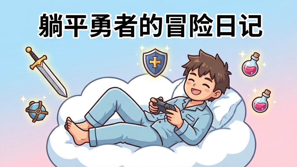 画面中央是一位穿着休闲睡衣的勇者躺在云朵形状的沙发上,手里拿着游戏手柄,周围漂浮着剑盾药水等冒险道具,背景是柔和的天空蓝与淡粉色渐变,布局采用居中构图,上方留白处写着“躺平勇者的冒险日记”,风格为日系治愈卡通,细节包括勇者眯眼微笑、道具带微光特效,画质高清,干净,无多余元素