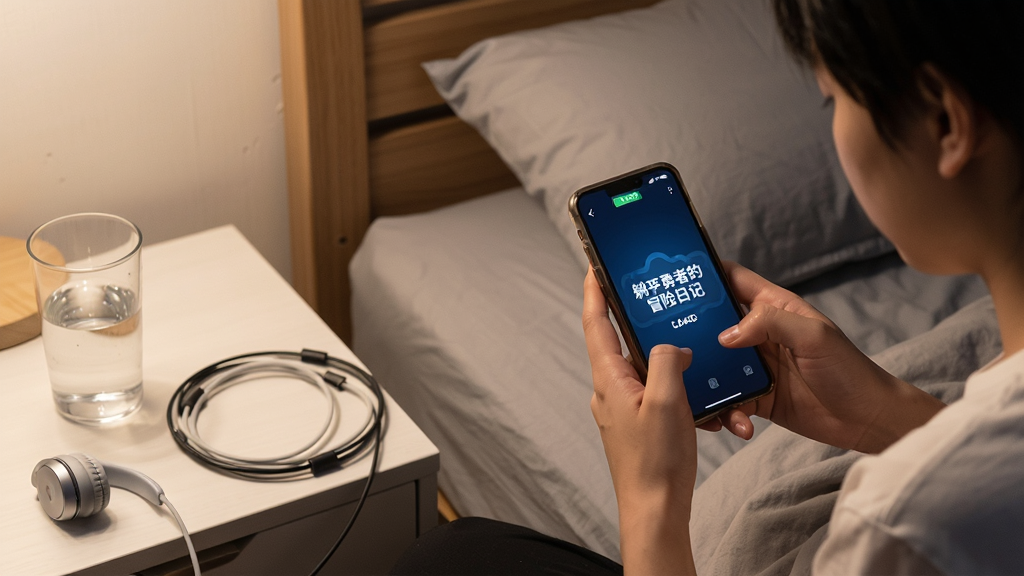 一位新手玩家坐在床上玩手机,手机屏幕显示“躺平勇者的冒险日记”加载界面,旁边有充电线和耳机,布局为卧室夜景,风格为生活写实,细节包括手机电量80%、床头柜上有水杯,画质自然,干净,无多余元素