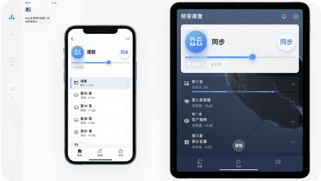 M云多端进度互通展示,画面主体为手机与平板电脑并排显示同一课程的不同进度界面,布局左右对比,排版清晰,风格现代简约,细节包含进度条、章节列表、同步标识,画质高清,干净,无多余元素