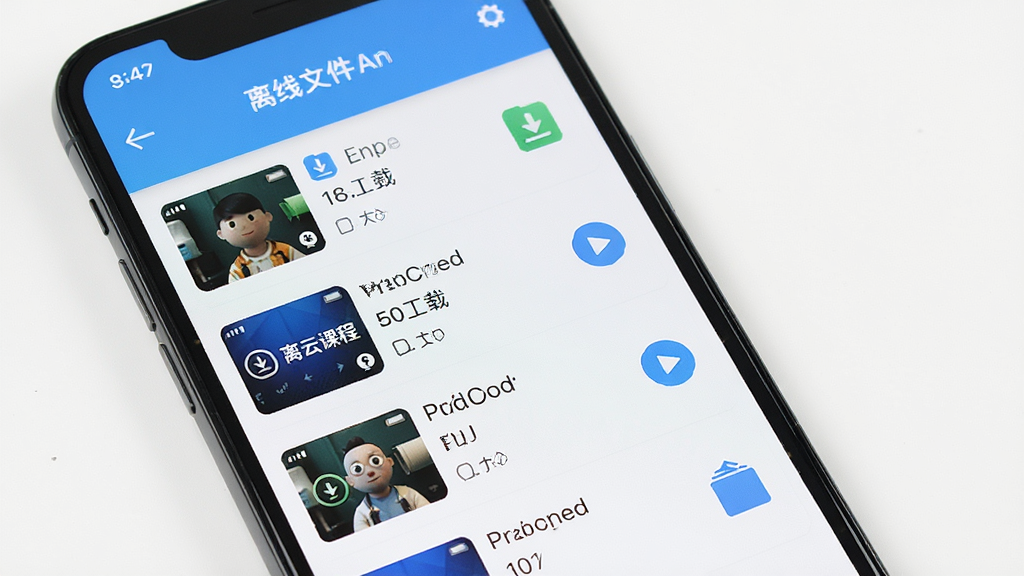 M云离线缓存功能展示,手机屏幕显示已下载完成的课程列表,主体为离线文件管理界面,布局纵向排列,排版整齐,风格简约清新,细节包含下载完成图标、文件大小标注、播放按钮,画质高清,干净,无多余元素