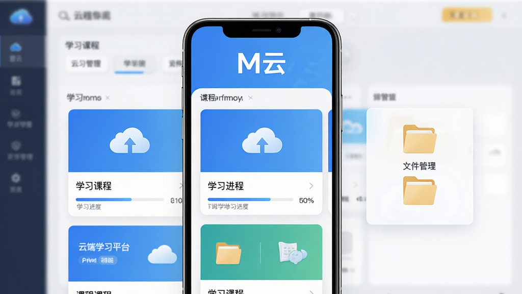 M云软件主界面展示,手机屏幕中央显示云端学习平台首页,上方有“M云”文字标识,主体为卡片式课程列表与文件管理入口,布局简洁清晰,排版上下结构,风格现代科技感,细节包含云朵图标、学习进度条、资料文件夹,画质高清,干净,无多余元素