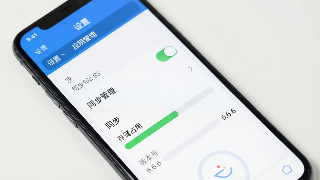 M云移动端操作界面展示,手机屏幕显示设置菜单与同步状态,主体为应用权限管理页面,布局纵向列表,排版清晰,风格简洁明快,细节包含同步开关、存储占用条、版本号“6.6.6”,画质高清,干净,无多余元素