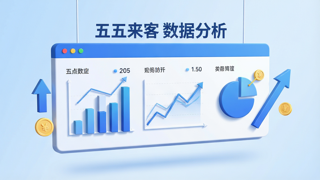 主体为一个悬浮的3D数据看板,看板上显示柱状图、折线图与饼图,图表旁有向上增长的箭头与金币图标;布局为看板居中,上方有“五五来客 数据分析”字样;排版上图表从左到右依次排列;风格为简约商务科技风,主色调为蓝色与白色;细节上图表有立体投影,数字清晰可见,背景为浅蓝色渐变;画质为高清,画面干净,无多余元素。