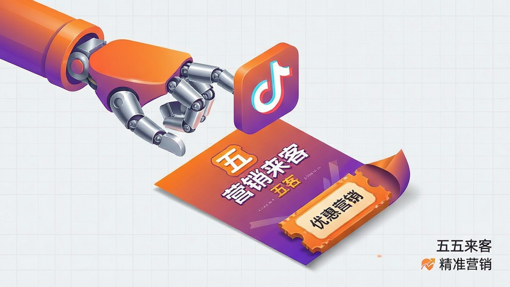 主体为一只机械手正在点击悬浮的社交媒体图标,图标下方连接着五五来客的营销海报与优惠券元素;布局采用对角线构图,机械手从左上伸向右下;排版上画面右下角用小巧字体标注“五五来客 精准营销”;风格为扁平化科技插画,主色调为橙色与紫色渐变;细节上机械手关节有金属光泽,海报带有折角阴影,背景为浅灰色网格;画质为超清,画面干净,无多余元素。