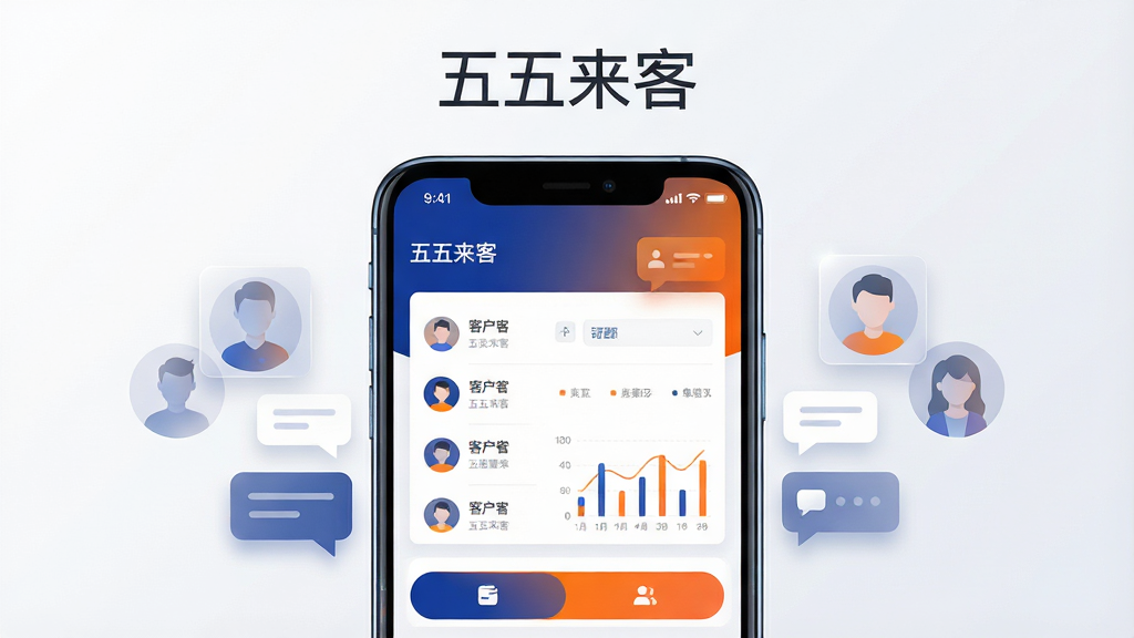 主体为一部智能手机居中放置,手机屏幕显示五五来客APP的客户管理仪表盘界面,界面中包含客户列表、数据图表与功能按钮;布局采用左右对称构图,手机两侧漂浮着半透明的联系人头像图标与消息气泡;排版上手机占据画面中心偏下位置,上方留白处用简洁的无衬线字体写着“五五来客”;风格为现代科技感扁平插画风,主色调为深蓝与亮橙渐变;细节上手机边缘有轻微高光,图标带有微投影,背景为干净的浅灰白色渐变;画质为4K超清,画面干净,无多余元素。